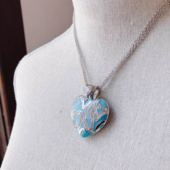 PJM Blue Enamel Heart Love Pendant Necklace CZ/Crystal Rhinestones Reversible - Picture 12 of 13